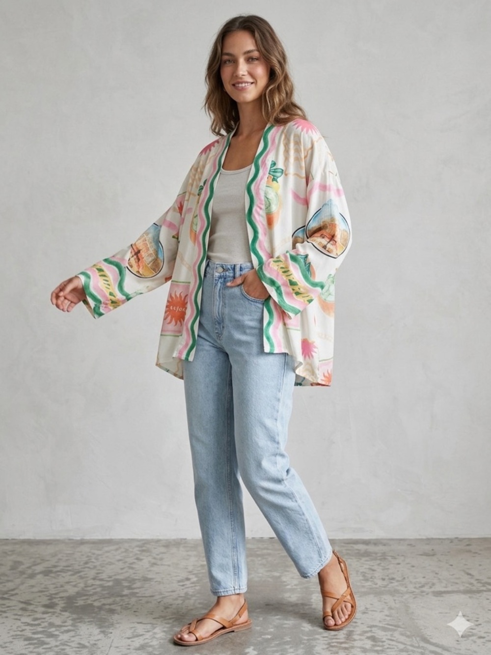 SHEIN Cream Printed Open-Front Kimono Jacket with Pastel Accents